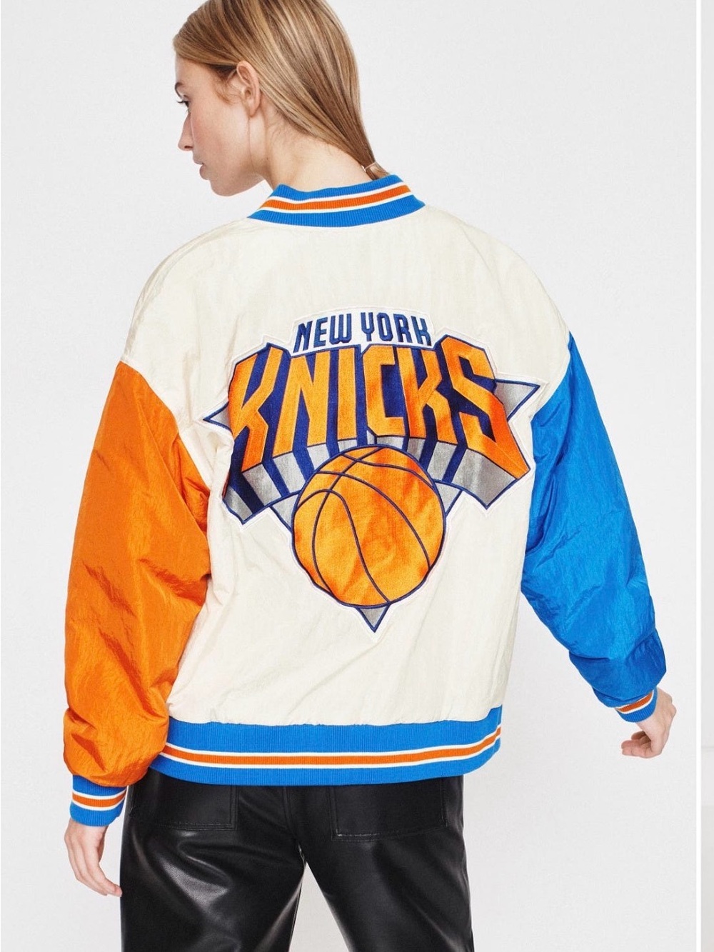 Terez New York Knicks Colorblock Bomber Jacket - Orange, Blue, Cream